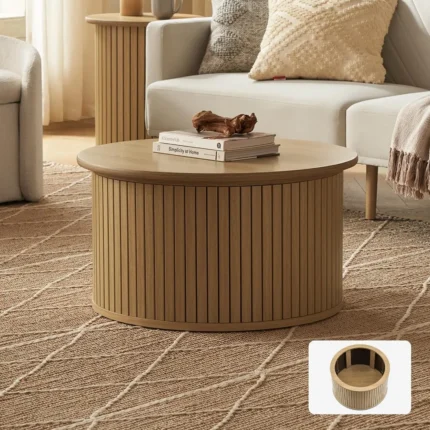 Quin Tambour Round Coffee Table with Hidden Storage – Mid-Century Modern Fluted Wood Drum Accent Table (Oak, 27.6")