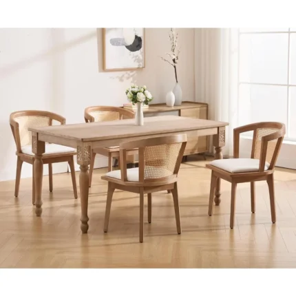 Mid-Century Modern Rattan Dining Chairs Set of 4 – Wooden Farmhouse Cane Back Chairs with Beige Linen Upholstery
