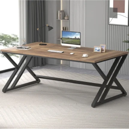 70" Rustic Industrial Computer Desk – Extra Long Office Desk with Metal Frame & Wood Top, Farmhouse Writing Table for Home or Work