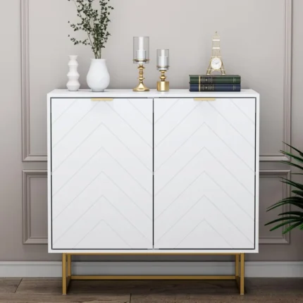 Sideboard Buffet, Storage Cabinet with Golden Legs, White Sideboard Storage Cabinet with 2 Doors and Adjustable Shelf, Accent C