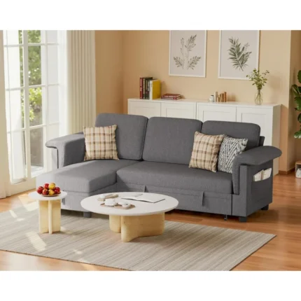 L-Shaped Sleeper Sofa Bed with Reversible Chaise, Pull-Out Futon with Storage, Linen Fabric 3-Seater Couch with Armrest Pockets – Dark Grey