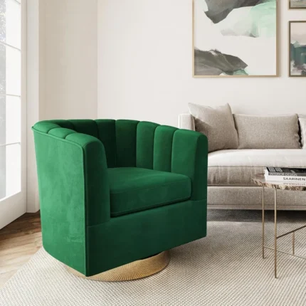 360° Swivel Velvet Accent Chair – Modern Upholstered Armchair with Solid Wood Frame & Gold Base, Comfy Single Sofa for Living Room, Bedroom, or Office (Green)