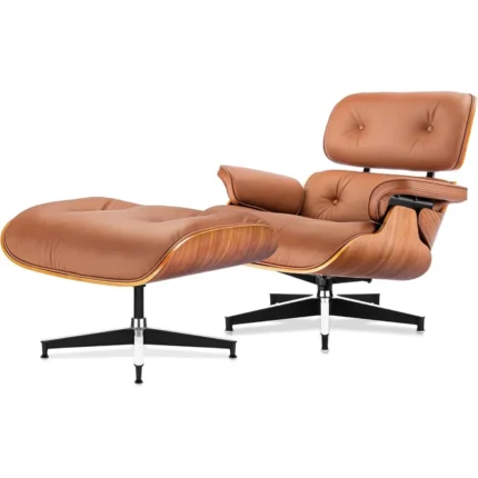 Top Grain Leather Lounge Chair & Ottoman – Mid-Century Modern Swivel Recliner with Walnut Base, Ergonomic Reading Accent Chair