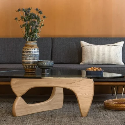 Modern Triangle Glass Coffee Table – Mid-Century Style with Solid Wood Base & Tempered Glass Top, 50” Light Walnut Finish