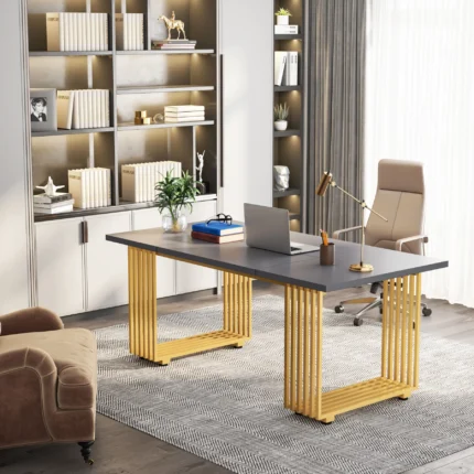 Tribesigns 70.9" Modern Executive Desk, Wood Office Desk, Grey Simple Computer Desk with Gold Metal Legs, Large Workstation Busi