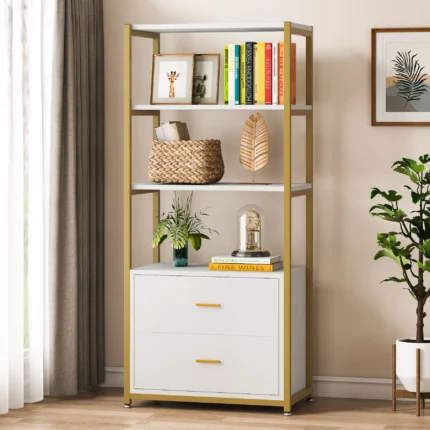 Tribesigns Bookcase, 4-Tier Bookshelf with 2 Drawers, Etagere Standard Book Shelves Display Shelf for Home Office (Gold/White)