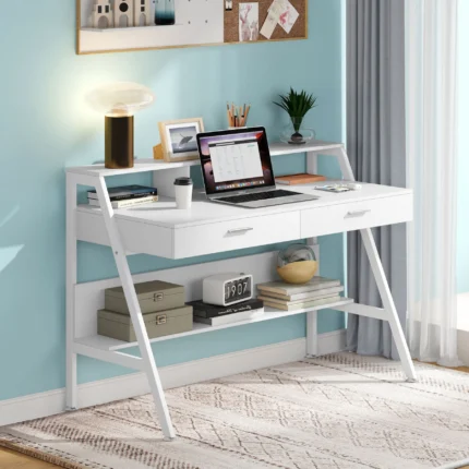 Tribesigns Computer Desk with Storage Shelf & Drawers, Modern 47 inch Office Writing Desk Study Table with Monitor Stand